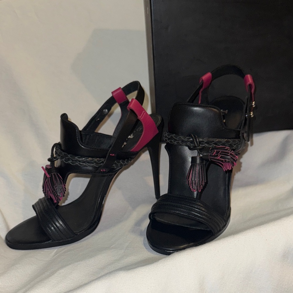 12 HRS LEFT - L.A.M.B. Black and Pink Strappy Heels